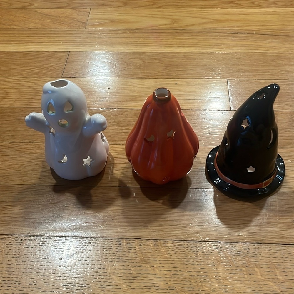 3 Halloween ceramic tea light holders witch hat , ghost and pumpkin.